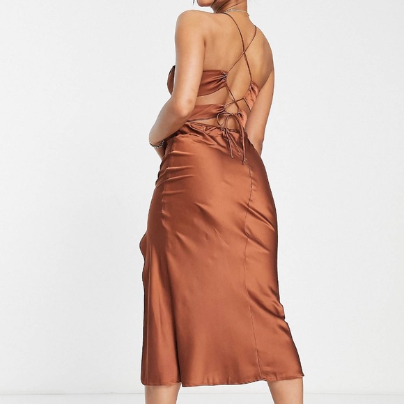 Parallel Lines square neck satin tie back midi dress in brown (Size 8) - Picture 3 of 11